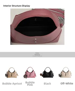 Detail view of contrast bucket bag with striped lining and four color options