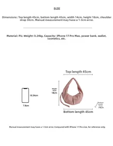Detailed size specifications of pink pleated half-moon shoulder bag with dimensions