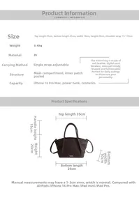 Guide des tailles du grand cabas en cuir PU avec dimensions et détails de la structure