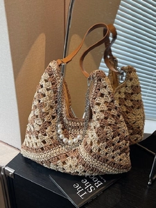 Sac à Épaule en Paille Tissée pour Femmes Design Boho Crochet Ajouré Grand Fourre-tout Avec Bandoulières en Chaîne de Künstliche Perles