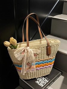 Mode Damen Handgewebte Stroh Tragetasche Urlaub Strandtasche Mit Spitze Schleife Blumenstickerei Farbstreifen Große Umhängetasche