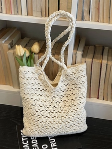 Women Pastoral Style Woven Tote Bag Hollow Out Large Capacity Crochet Shoulder Bag Bohemian Casual Handmade Beach Handbag