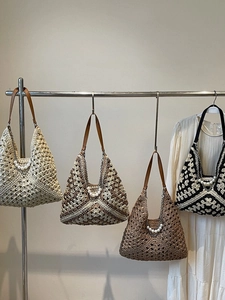 Sacs cabas en paille tissés main avec chaîne en perles et poignées en cuir pour plage