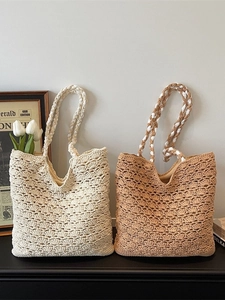Handcrafted crochet tote bags in cream and khaki with elegant hollow knit patterns