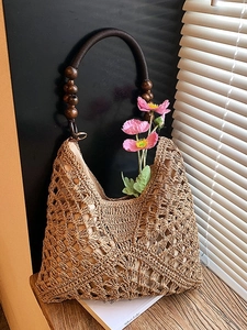 Borsa Tote in Paglia Intrecciata a Mano ad Alta Capacità Con Manico in Perle di Legno Borsa a Spalla Boho da Spiaggia Donna