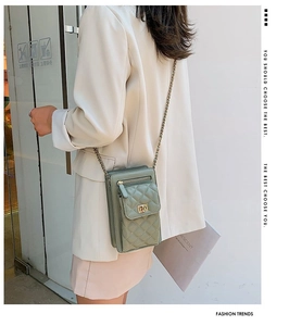 Morandi green quilted diamond pattern crossbody phone bag with gold chain strap