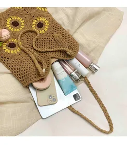 Interior detail of sunflower crochet tote bag showing large capacity for essentials