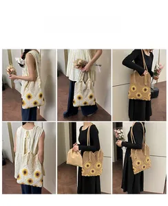 Multi-angle view of women's woven crochet tote bags with sunflower pattern details