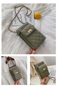 Macro detail of olive green quilted leather crossbody phone bag with gold chain strap