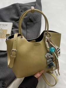 Trendy PU Leather Bucket Bag For Women Wave Opening Large Capacity Shoulder Crossbody Bag With Puppy Pendant Fashion Tote