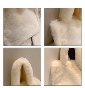 Detailed views of creamy faux fur tote bag showing plush texture and thick handles