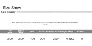 Size specification chart for PU leather baguette bag showing dimensions and weight