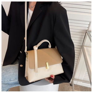 Détail d'un sac bandoulière bicolore chic avec fermoir doré et poignée élégante