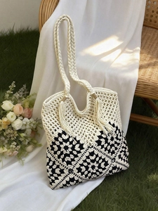 Handmade Crochet Sunflower Woven Tote Bag For Women Bohemian Style Large Capacity Summer Vacation Shoulder Bag With Tassels