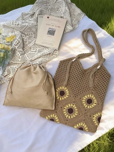 Handmade crochet sunflower tote bag with drawstring inner pouch for summer picnic style
