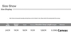 Detailed size chart for the canvas tote bag showing dimensions and strap length