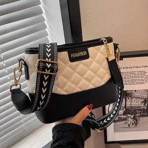 Women Quilted Rhombic Crossbody Bag PU Leather Wide Strap Contrast Color Shoulder Bag Fashion Small Square Purse