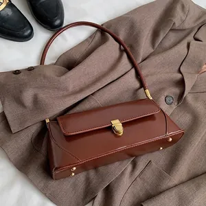 Women's French Style Retro PU Leather Underarm Bag Fashion Solid Color Shoulder Bag With Gold Lock Baguette Bag For Daily Work