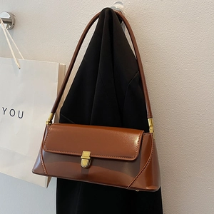 French vintage brown square baguette bag with glossy leather and gold buckle
