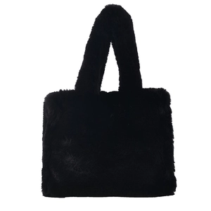 Chic black plush faux fur tote bag with wide shoulder strap for autumn and winter