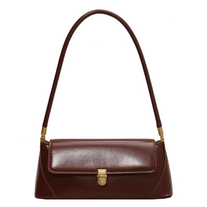 Classic brown baguette shoulder bag for women with gold metal clasp in premium leather