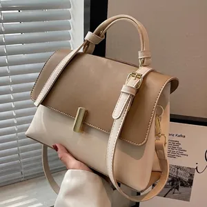 Petit Sac Carré en Cuir PU pour Femmes Bloc de Couleur Avec Poignée Boucle en Métal Sac à Bandoulière Élégant pour le Navettage