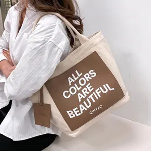 Large Capacity Canvas Tote Bag Women Shoulder Bag Street Style Contrast Color Patch Letter Print Shopping Commuter Handbag