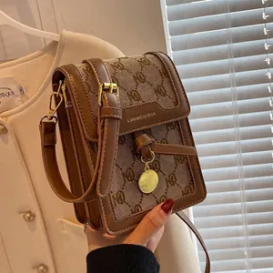 Vintage Monogram Canvas PU Leather Crossbody Bag Small Square Mobile Phone Bag With Gold Hardware For Women Fashion Daily Use