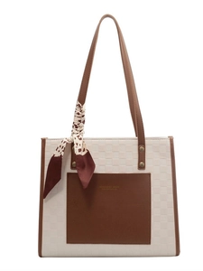 Minimalist cream and brown checkered tote bag with a decorative leopard silk scarf