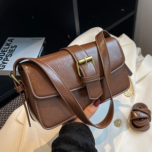 Retro brown PU leather shoulder bag with gold buckle and adjustable strap for women