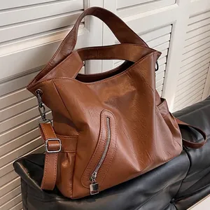 Sac Fourre-Tout en Cuir PU Grande Capacité pour Femmes Mode Rétro Sac Bandoulière Avec Poche Zippée Poches Latérales Sac Quotidien