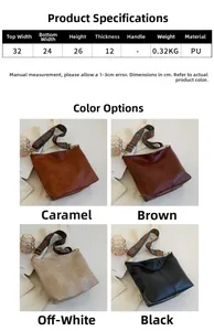 Size chart for retro bucket bag with wide strap showing PU material and multi-color options