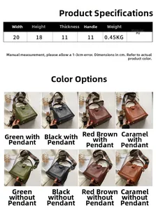 Detailed size chart for the vintage PU bucket bag showing dimensions and four color options