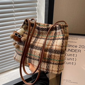 Large plaid tote bag in brown wool fabric with leather handles and doll charm