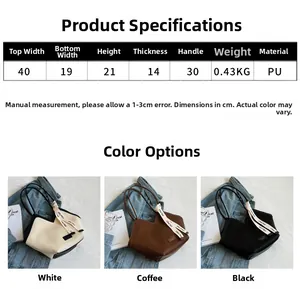 Detail view of large PU leather tote bag in white, coffee, and black with size chart