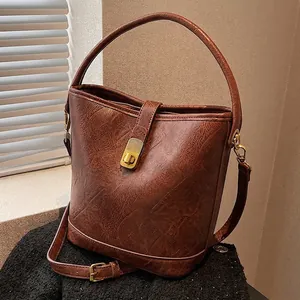 Women Vintage PU Leather Bucket Bag Korean Style Retro Shoulder Crossbody Bag With Gold Hardware Twist Lock Handbag