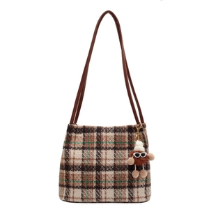 British style checkered canvas tote bag with brown handles and plush doll pendant
