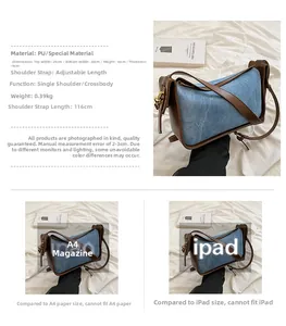 Detail view of denim and brown leather crossbody bag with size and capacity specs
