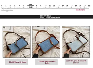 Three retro colorblock tote bags with denim fabric, leather trim and gold hardware details