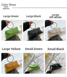 Detail of envelope bags with woven metal handles and chain straps in multiple colors