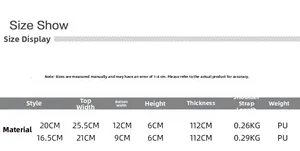 Detailed size chart for evening bags showing dimensions of large and small PU leather bags