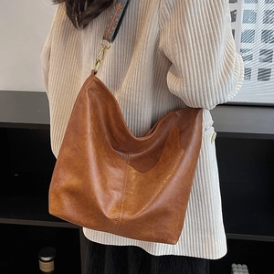 Retro brown PU leather Hobo bag with bohemian patterned strap and gold hardware