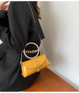 Close-up of yellow leather handbag featuring a crystal-encrusted ring handle and chain