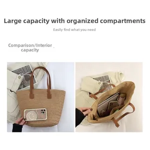 Detail view of large straw tote bag with inner zipper pocket and organized sections