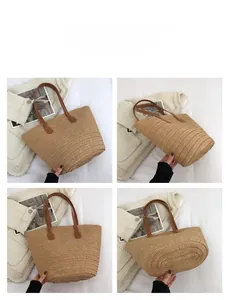 Detail showing the straw tote bag texture and brown leather handles from multiple angles