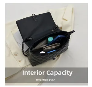 Detail of internal capacity showing smartphone and cosmetics in quilted chain bag