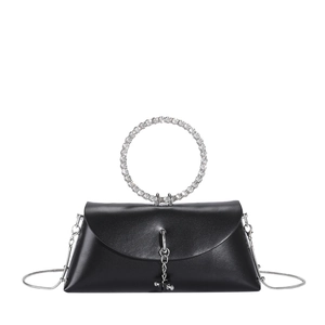 Elegant black evening bag with a crystal-encrusted ring handle and metal chain strap