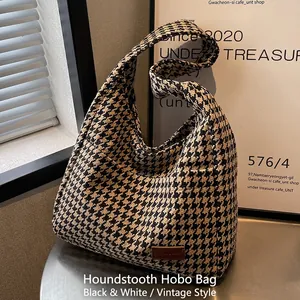 Women Large Capacity Houndstooth Canvas Tote Bag Vintage Casual Shoulder Hobo Bag Fashion Commuter Daily Handbag
