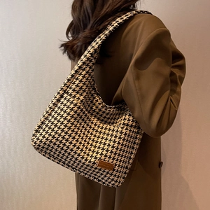 Large houndstooth tote bag with wide shoulder strap and leather patch for women
