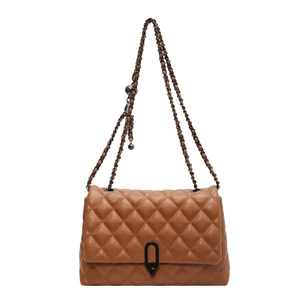 Elegant brown quilted chain handbag with classic diamond pattern and metallic strap